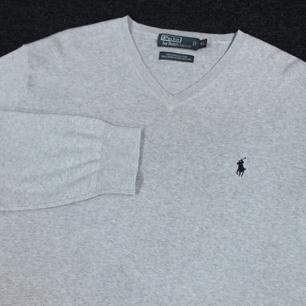 Polo Ralph Lauren V-Neck Sweater XL Heather Grey 100% Pima Cotton Pony Logo